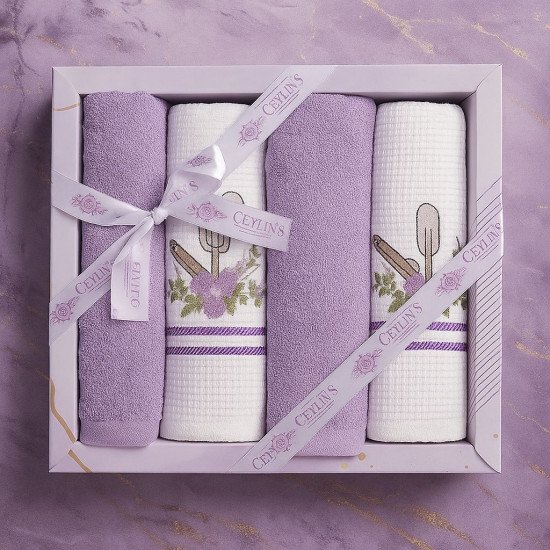 Комплект махрово-вафельных полотенец для кухни 4 шт.  "Ceylin's" Кухонная утварь/сиреневый 40*60 см