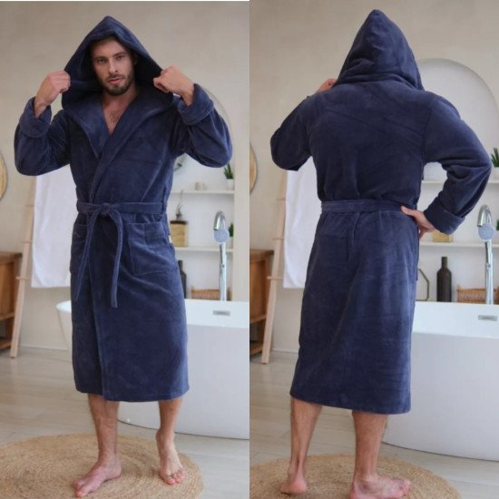 Халат мужской велюровый "Vien" Maximus с капюшоном denim 48 (L)