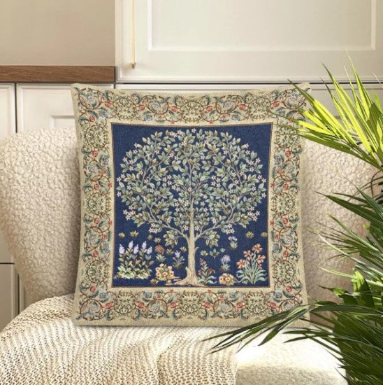 Декоративная наволочка "Гобелен" Древо кобальт бордюр беж двусторонняя 45*45 (±2) см
