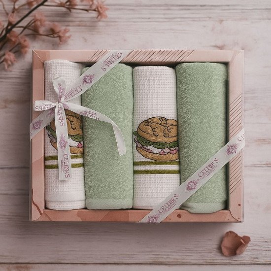 Комплект махрово-вафельных полотенец для кухни 4 шт.  "Ceylin's" Бургер/зеленый 40*60 см