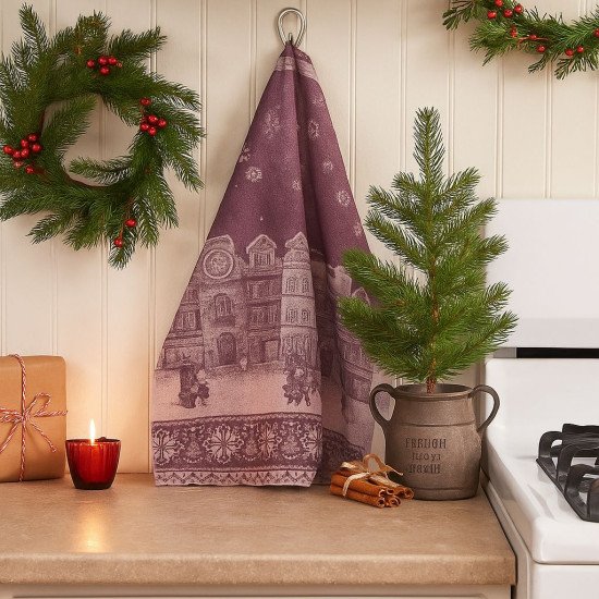 Полотенце кухонное с петелькой "Белорусский Лён"  Зимний город бордо 50*70 см