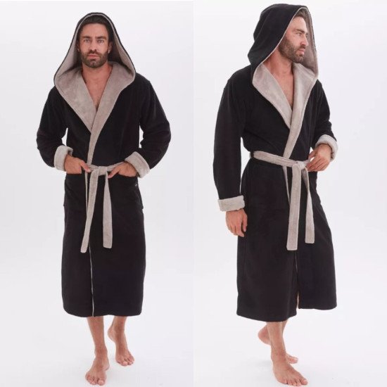 Халат мужской велюровый "Vien" Milano с капюшоном black 52 (2XL)