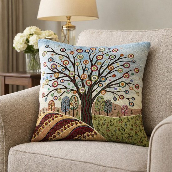 Декоративная наволочка "Гобелен" Домики Древо серебро 45*45 (±2) см