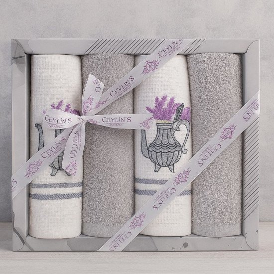 Комплект махрово-вафельных полотенец для кухни 4 шт.  "Ceylin's" Лаванда/серый 40*60 см