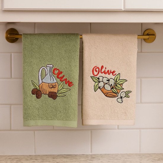 Комплект махровых полотенец для кухни 2 шт. "Ambiella" Олива бежевый/зеленый v1 30*50 см