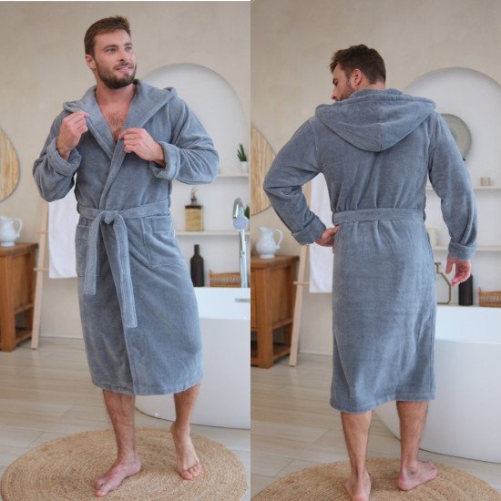 Халат мужской велюровый "Vien" Maximus с капюшоном grey 50 (XL)