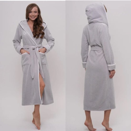 Халат женский велюровый "Vien" Juliette с капюшоном серебро 54 (3XL)
