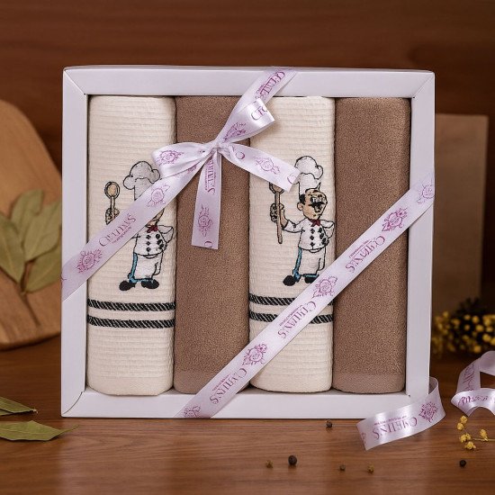 Комплект махрово-вафельных полотенец для кухни 4 шт.  "Ceylin's" Повар/коричневый 40*60 см