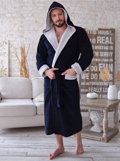 Халат мужской велюровый "Vien" Aleandro с капюшоном navy 50 (XL)