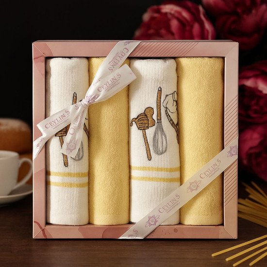 Комплект махрово-вафельных полотенец для кухни 4 шт.  "Ceylin's" Кухонная утварь/желтый 40*60 см