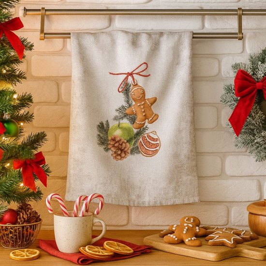 Полотенце кухонное с петелькой "Белорусский Лён"  Рождественские пряники 3, рис.933 46*60 см