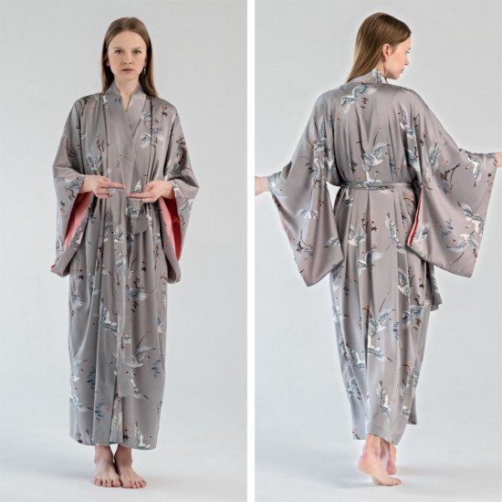 Халат женский в стиле кимоно "Ti Tocco" Журавли серый