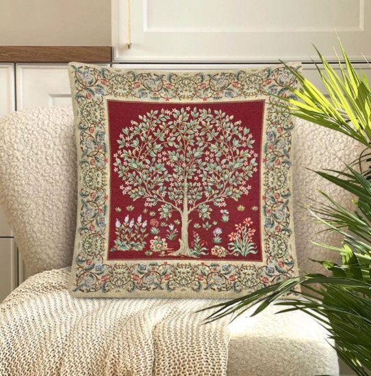 Декоративная наволочка "Гобелен" Древо бордо бордюр беж двусторонняя 45*45 (±2) см