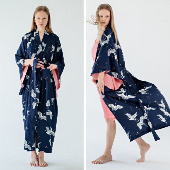 Халат женский в стиле кимоно "Ti Tocco" Журавли синий