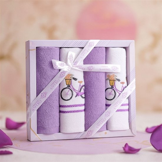 Комплект махрово-вафельных полотенец для кухни 4 шт.  "Ceylin's" Велосипед/сиреневый 40*60 см