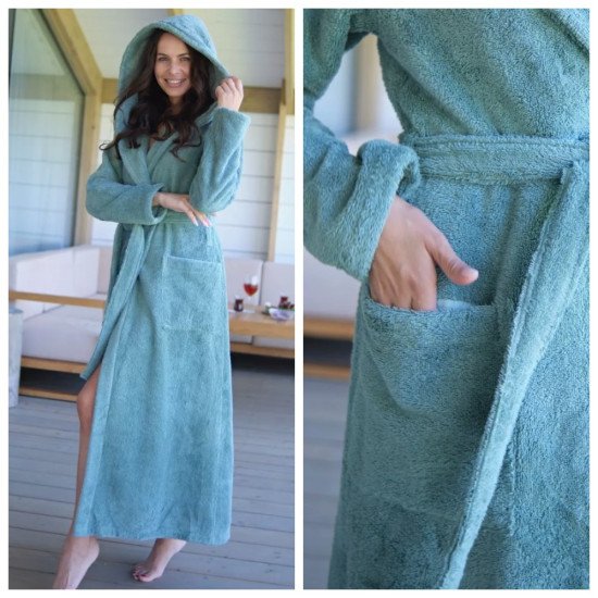 Халат женский махровый "Vien" Eco Cotton с капюшоном aquamarine  54 (3XL)