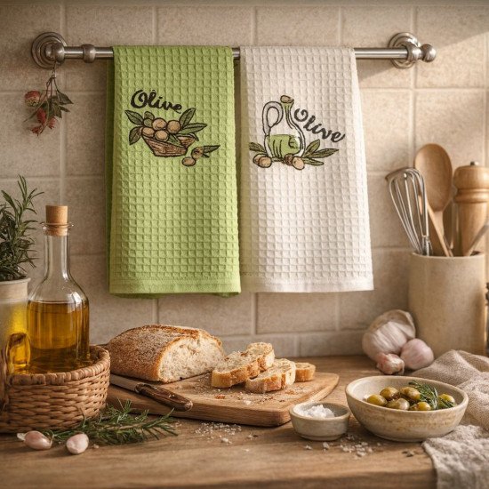 Комплект полотенец для кухни 2 шт. "Karven" Олива салатовый/кремовый 40*60 см