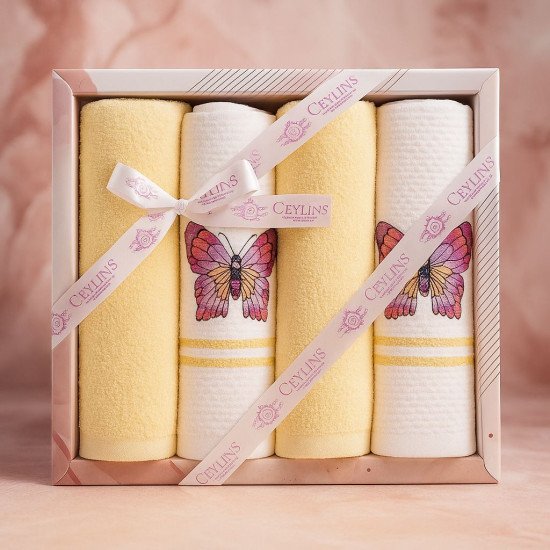 Комплект махрово-вафельных полотенец для кухни 4 шт.  "Ceylin's" Бабочки/желтый 40*60 см