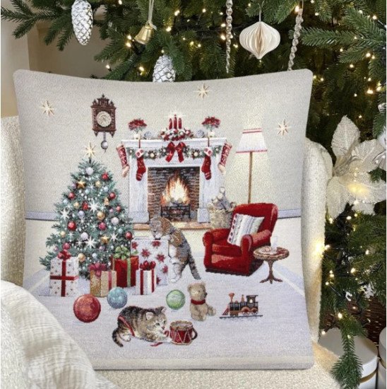 Декоративная наволочка "Гобелен" Котята у камина серебро 45*45 (±2) см