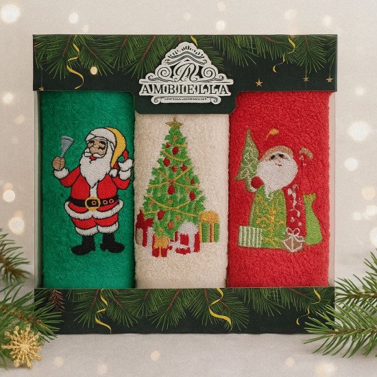 Комплект махровых полотенец для кухни 3 шт. "Ambiella" Праздничное кремовый/зеленый/красный 30*50 см