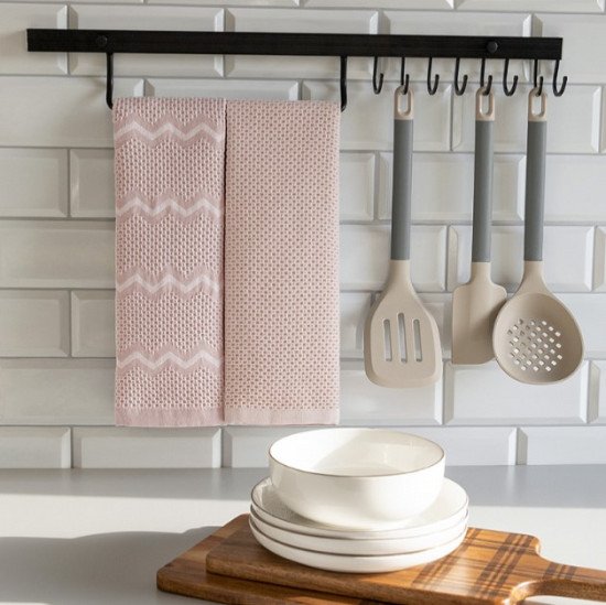 Комплект полотенец с петельками для кухни 2 шт  "DeNastia" Зиг-заг розовый/D100464 35*70 см