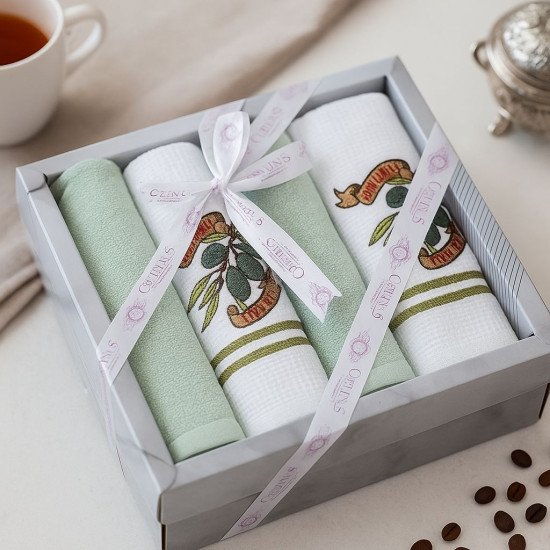 Комплект махрово-вафельных полотенец для кухни 4 шт.  "Ceylin's" Оливки/зеленый 40*60 см