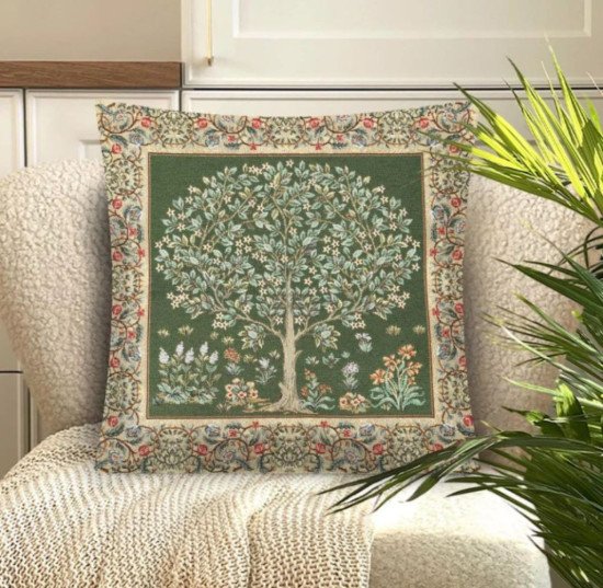 Декоративная наволочка "Гобелен" Древо зелень бордюр беж двусторонняя 45*45 (±2) см