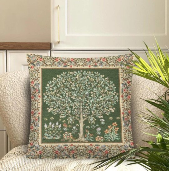 Декоративная наволочка "Гобелен" Древо зелень бордюр беж двусторонняя 45*45 (±2) см