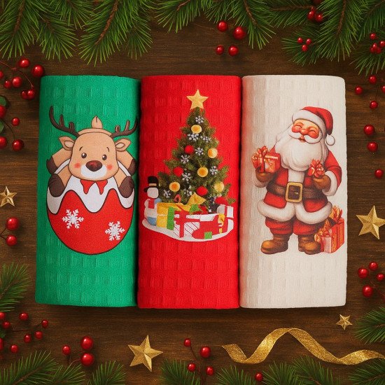 Комплект полотенец для кухни 3 шт. "Ambiella" Noel кремовый/зеленый/красный 40*60 см