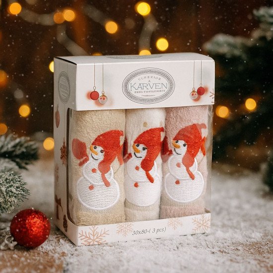 Комплект махровых полотенец для кухни 3 шт. "Karven" Новый Год Снеговики/v1 30*50 см