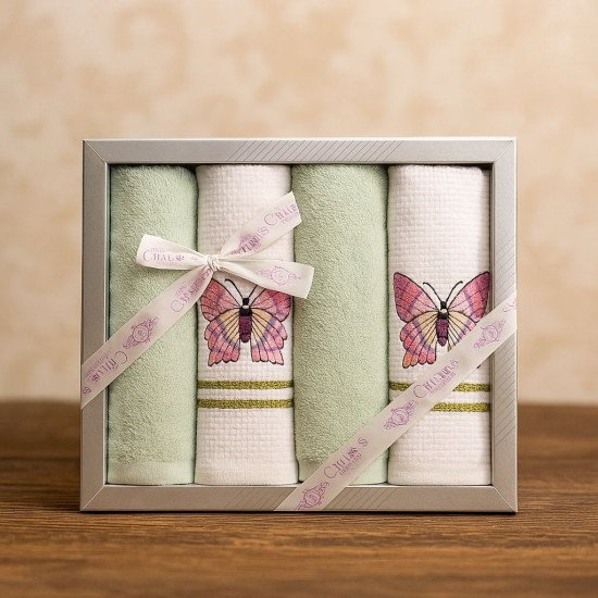 Комплект махрово-вафельных полотенец для кухни 4 шт.  "Ceylin's" Бабочки/зеленый 40*60 см