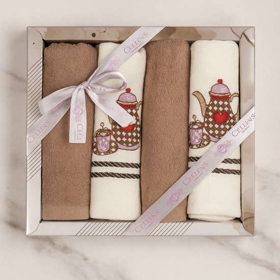 Комплект махрово-вафельных полотенец для кухни 4 шт.  "Ceylin's" Чаепитие/коричневый 40*60 см