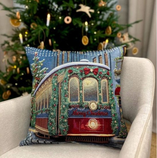 Декоративная наволочка "Гобелен" Зима Вена Трамвай серебро 45*45 (±2) см