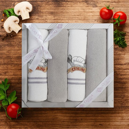 Комплект махрово-вафельных полотенец для кухни 4 шт.  "Ceylin's" Поварской колпак/серый 40*60 см