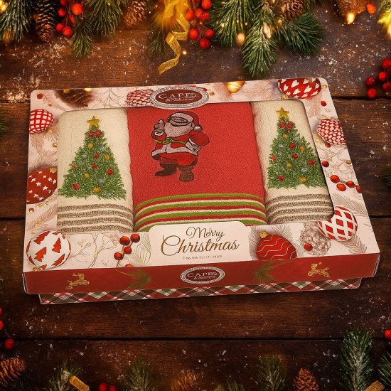 Комплект махровых полотенец для кухни 3 шт. "Karven" Новый Год кремовый/красный 50*70 см