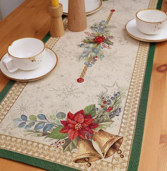 Дорожка на стол "Гобелен" Елочные украшения зеленый бордюр 40*100 см