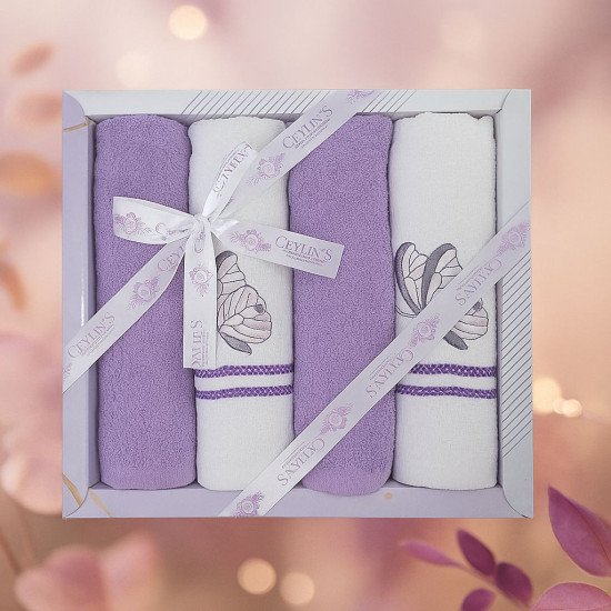 Комплект махрово-вафельных полотенец для кухни 4 шт.  "Ceylin's" Бабочки/сиреневый 40*60 см