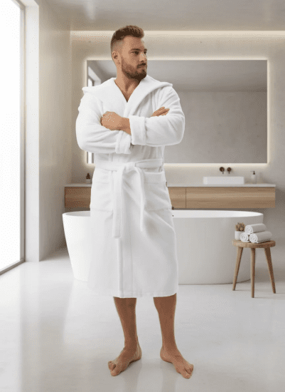 Халат мужской велюровый "Виен" Максимус с капюшоном белый 52 (2XL)