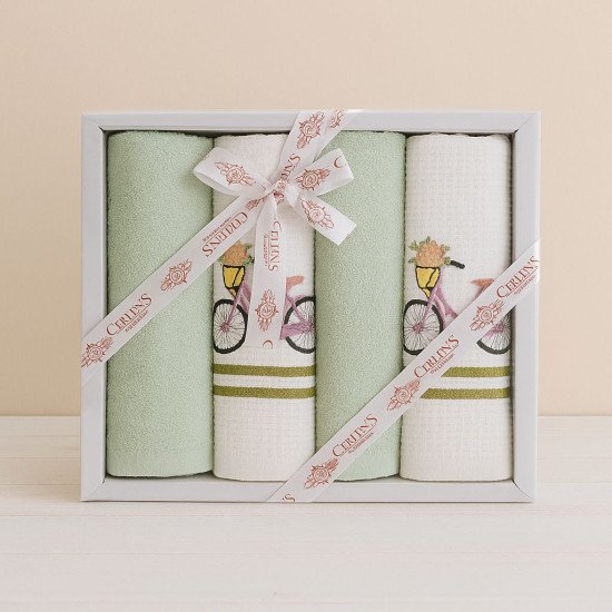 Комплект махрово-вафельных полотенец для кухни 4 шт.  "Ceylin's" Велосипед/зеленый 40*60 см